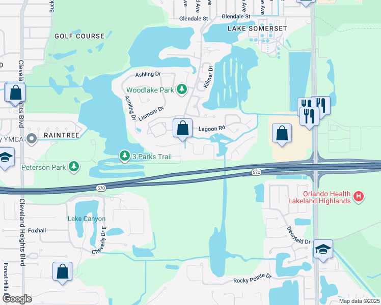 map of restaurants, bars, coffee shops, grocery stores, and more near 1557 Turtle Rock Court in Lakeland