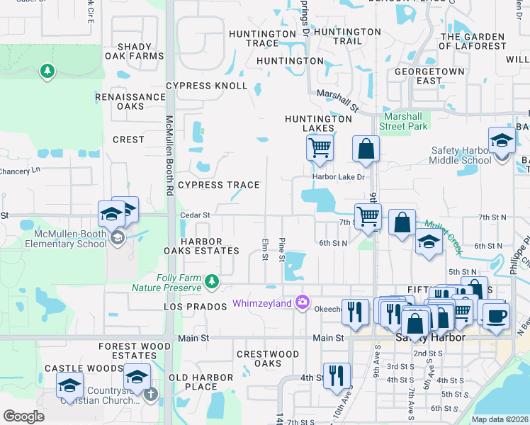 map of restaurants, bars, coffee shops, grocery stores, and more near 1307 Cedar Street in Safety Harbor