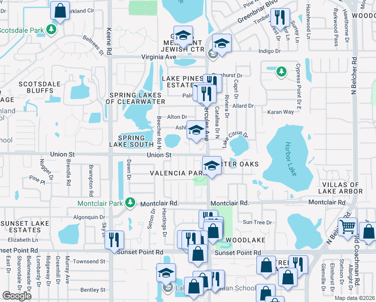 map of restaurants, bars, coffee shops, grocery stores, and more near 1960 Union Street in Clearwater