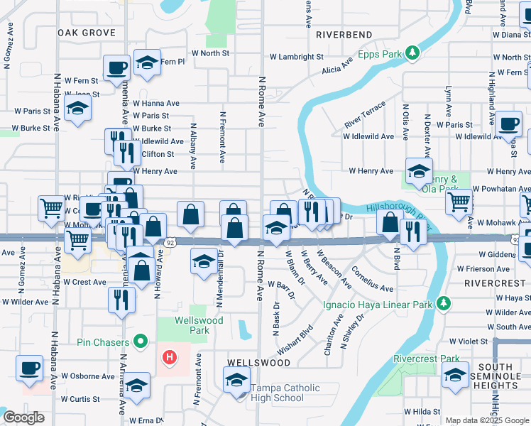 map of restaurants, bars, coffee shops, grocery stores, and more near 5509 North Rome Avenue in Tampa