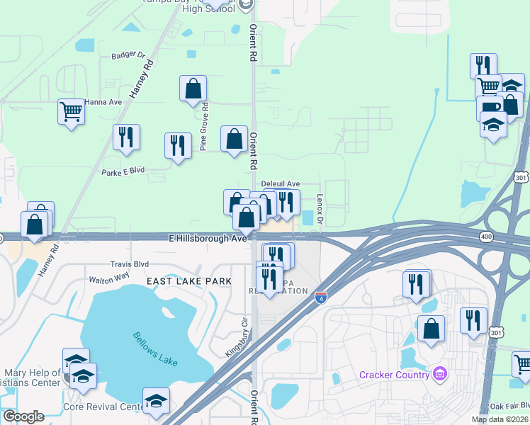 map of restaurants, bars, coffee shops, grocery stores, and more near 7406 East Mohawk Avenue in Tampa