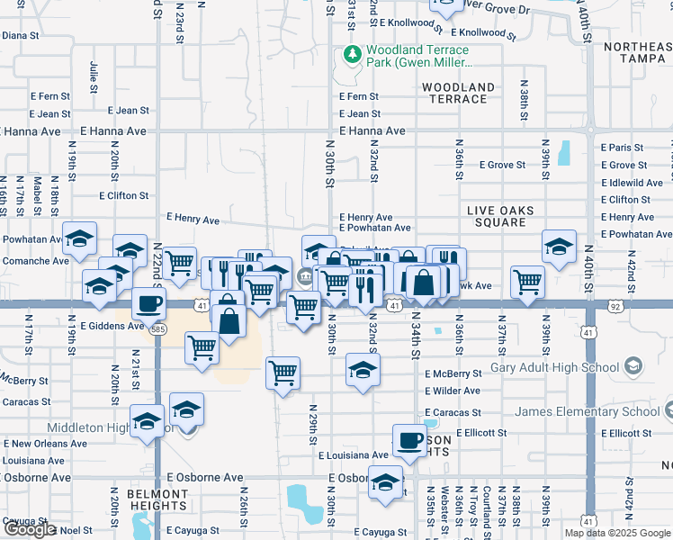 map of restaurants, bars, coffee shops, grocery stores, and more near 5601 North 30th Street in Tampa