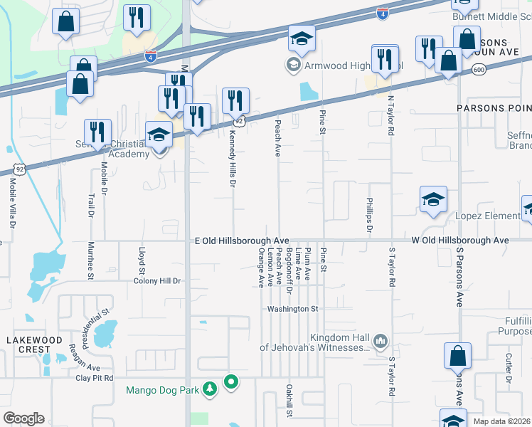 map of restaurants, bars, coffee shops, grocery stores, and more near 5418 Peach Avenue in Seffner