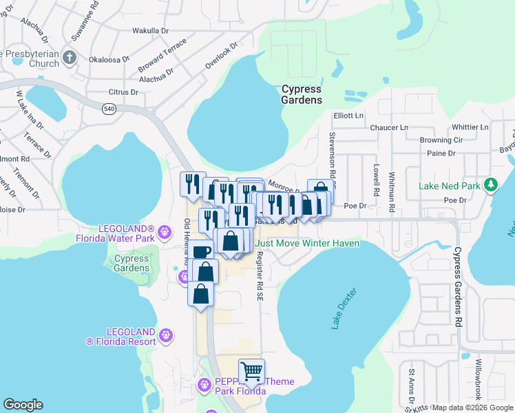 map of restaurants, bars, coffee shops, grocery stores, and more near 105 Buchanan Drive in Winter Haven
