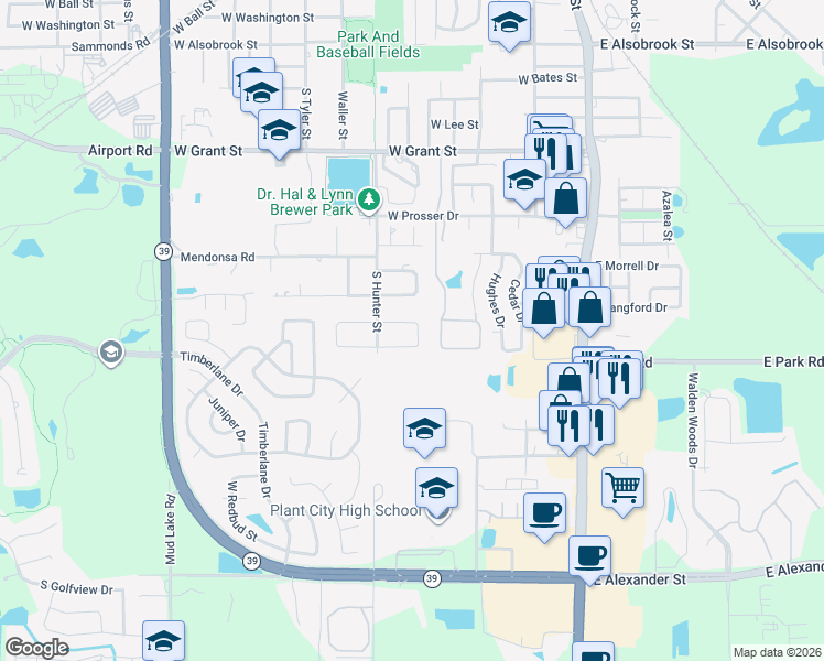 map of restaurants, bars, coffee shops, grocery stores, and more near 709 West Russell Drive in Plant City