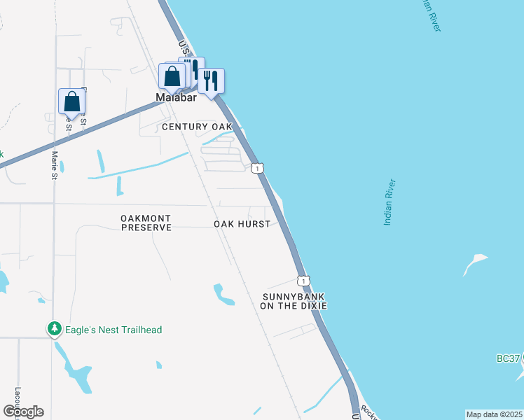 map of restaurants, bars, coffee shops, grocery stores, and more near 1710 Crescent Road in Malabar