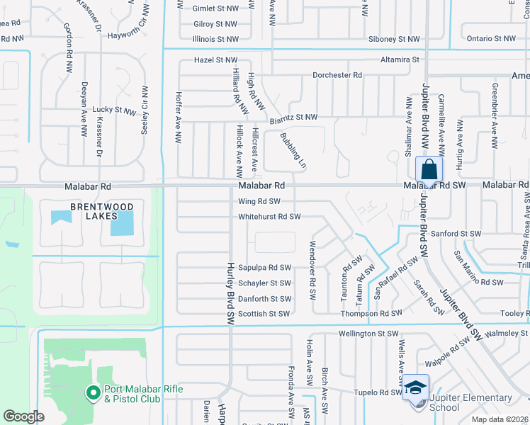 map of restaurants, bars, coffee shops, grocery stores, and more near 1209 Whitehurst Road Southwest in Palm Bay