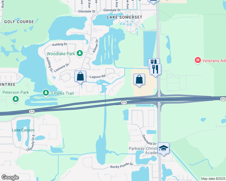 map of restaurants, bars, coffee shops, grocery stores, and more near 1647 Turtle Rock Court in Lakeland