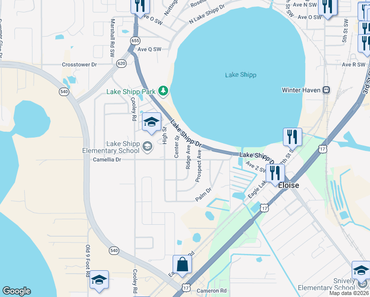 map of restaurants, bars, coffee shops, grocery stores, and more near 80 Ridge Avenue in Winter Haven