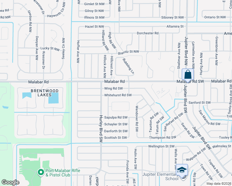 map of restaurants, bars, coffee shops, grocery stores, and more near 1209 Whitehurst Road Southwest in Palm Bay