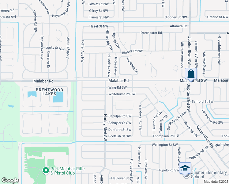 map of restaurants, bars, coffee shops, grocery stores, and more near 1267 Whitehurst Road Southwest in Palm Bay
