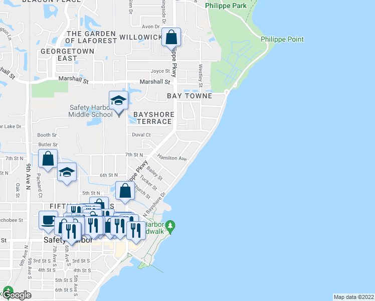 map of restaurants, bars, coffee shops, grocery stores, and more near 1060 Jesse Avenue in Safety Harbor