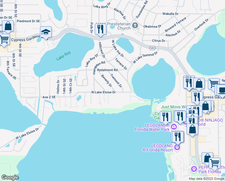 map of restaurants, bars, coffee shops, grocery stores, and more near 1909 North Lake Eloise Drive in Winter Haven