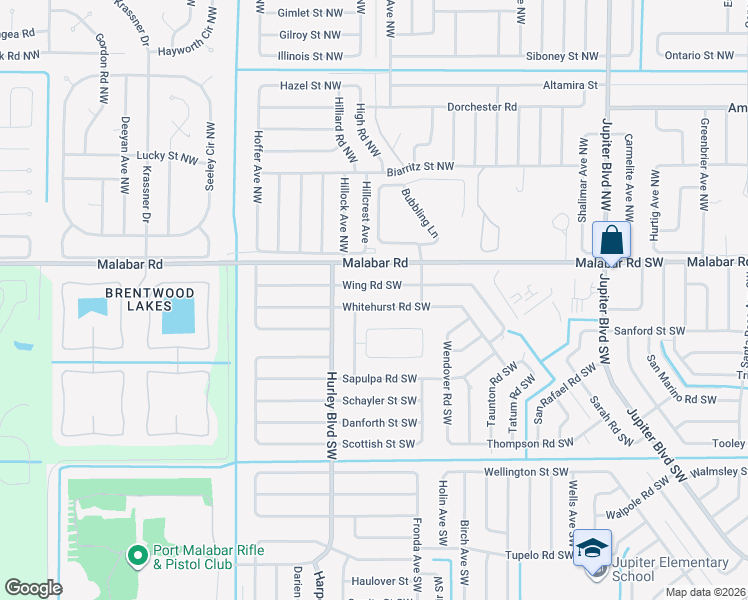map of restaurants, bars, coffee shops, grocery stores, and more near 1267 Whitehurst Road Southwest in Palm Bay