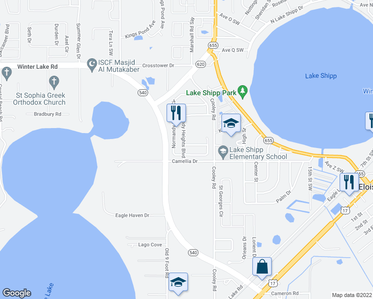 map of restaurants, bars, coffee shops, grocery stores, and more near 1664 Normandy Heights Boulevard in Winter Haven