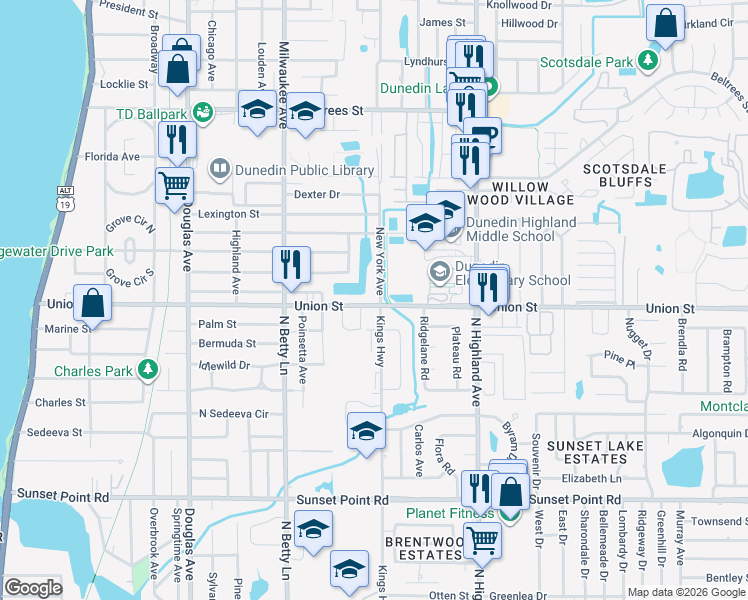 map of restaurants, bars, coffee shops, grocery stores, and more near 684 Union Street in Dunedin