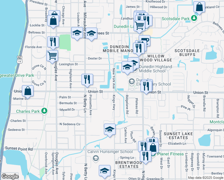 map of restaurants, bars, coffee shops, grocery stores, and more near 698 Union Street in Dunedin