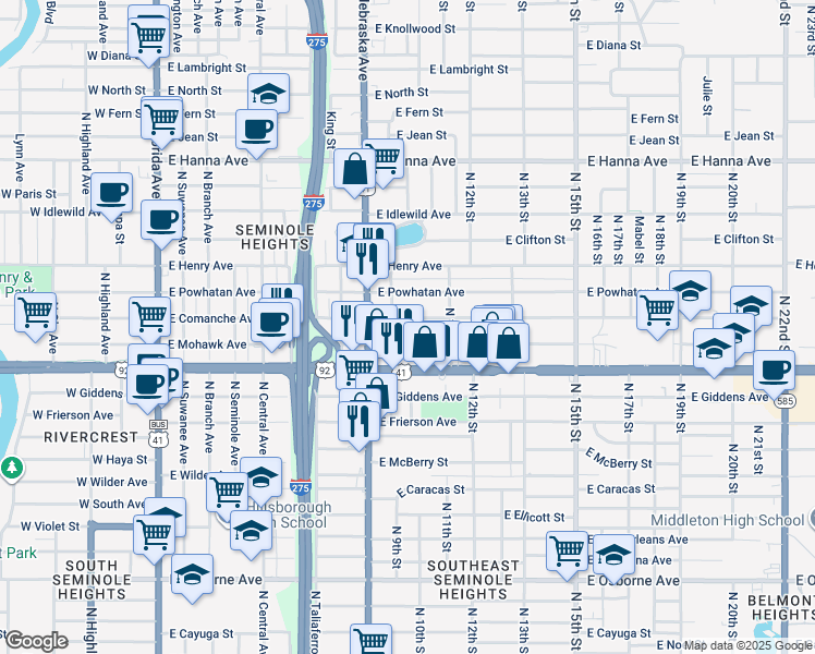 map of restaurants, bars, coffee shops, grocery stores, and more near 1013 East Comanche Avenue in Tampa