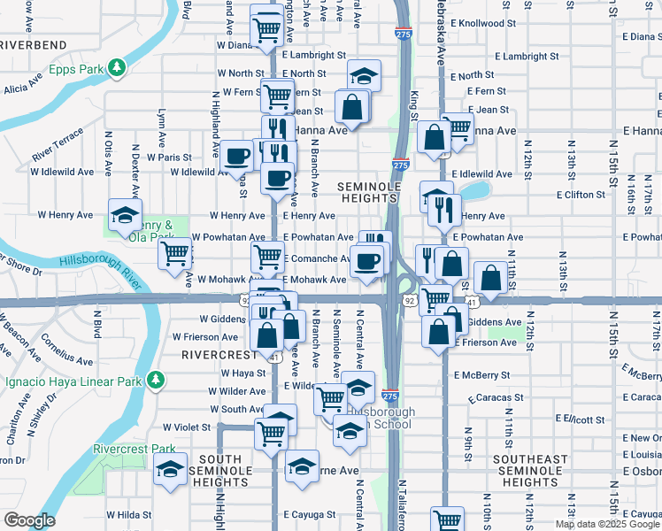 map of restaurants, bars, coffee shops, grocery stores, and more near 5508 North Seminole Avenue in Tampa