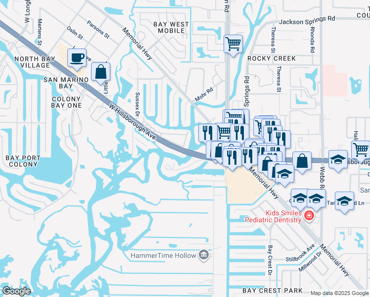 map of restaurants, bars, coffee shops, grocery stores, and more near 9001 Tudor Drive in Tampa