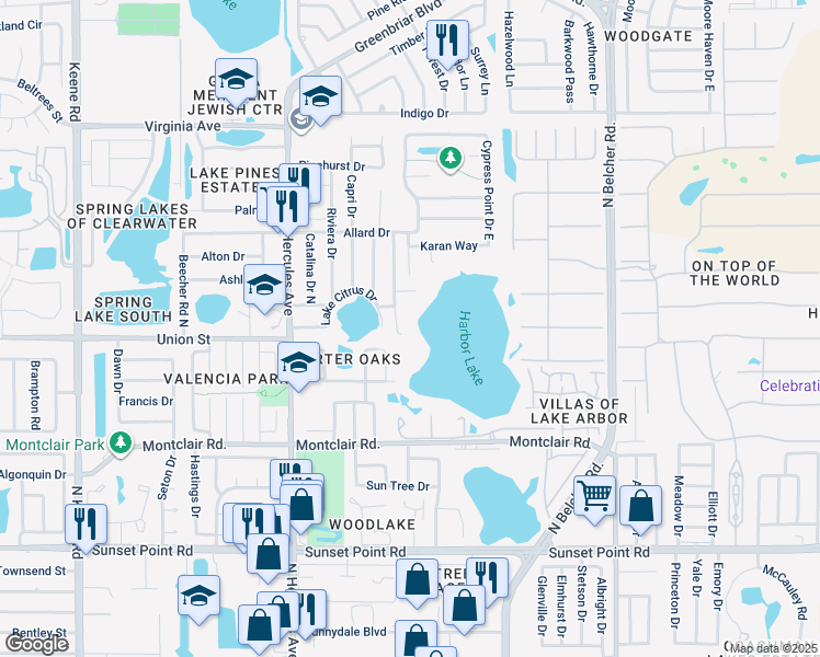 map of restaurants, bars, coffee shops, grocery stores, and more near 2103 Cunningham Drive in Clearwater