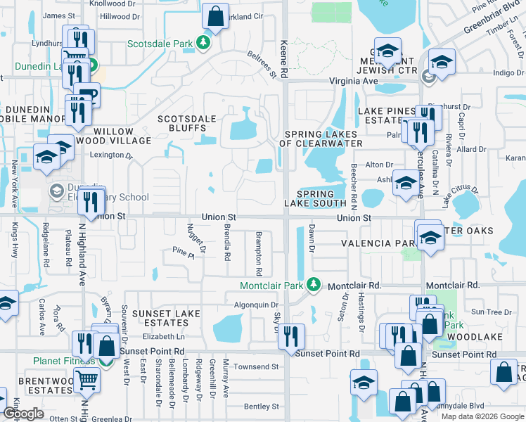 map of restaurants, bars, coffee shops, grocery stores, and more near 1465 Oakhill Drive in Dunedin