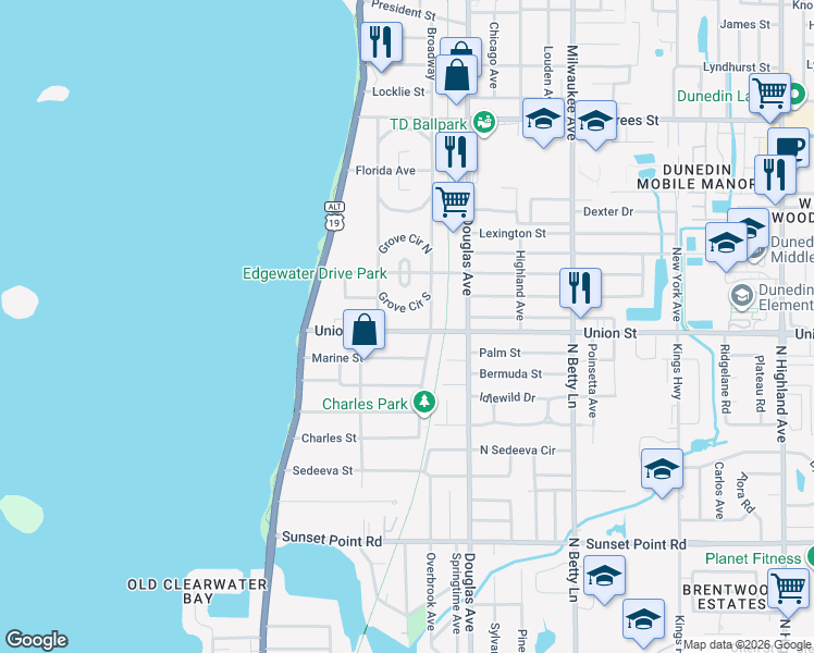 map of restaurants, bars, coffee shops, grocery stores, and more near 208 Union Street in Dunedin