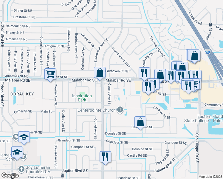 map of restaurants, bars, coffee shops, grocery stores, and more near 133 Cassia Avenue Southeast in Palm Bay