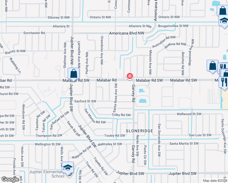 map of restaurants, bars, coffee shops, grocery stores, and more near 150 Santa Rosa Avenue Southwest in Palm Bay