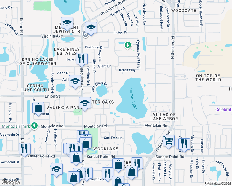 map of restaurants, bars, coffee shops, grocery stores, and more near 2103 Cunningham Drive in Clearwater