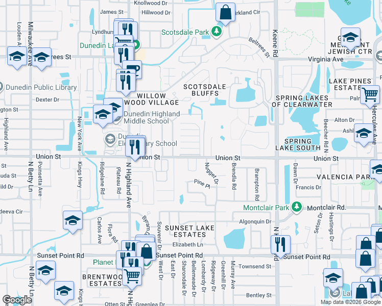 map of restaurants, bars, coffee shops, grocery stores, and more near 1018 Ibis Court in Dunedin