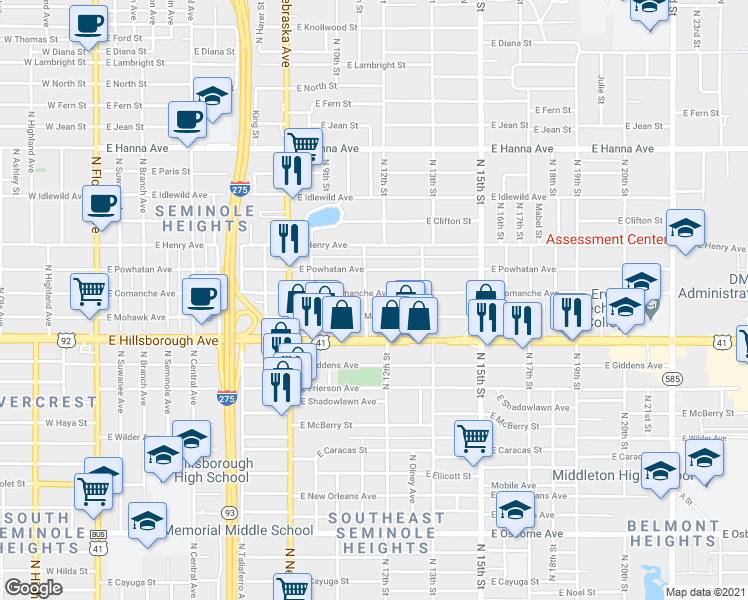 map of restaurants, bars, coffee shops, grocery stores, and more near 1203 East Comanche Avenue in Tampa