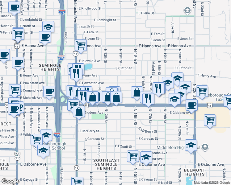 map of restaurants, bars, coffee shops, grocery stores, and more near 1225 East Comanche Avenue in Tampa