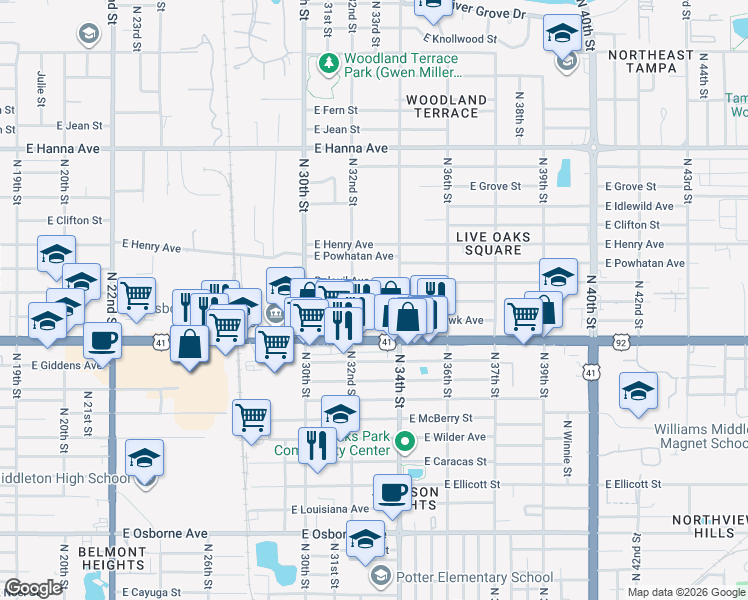 map of restaurants, bars, coffee shops, grocery stores, and more near 3302 East Comanche Avenue in Tampa