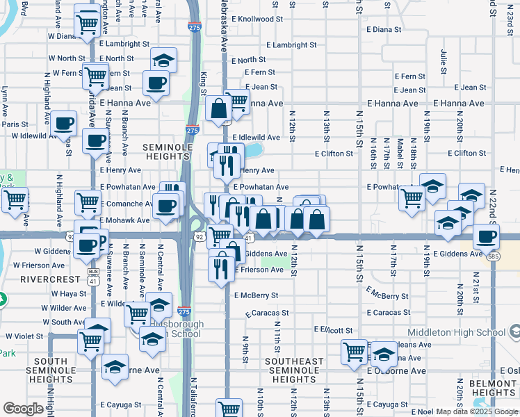 map of restaurants, bars, coffee shops, grocery stores, and more near 1013 East Comanche Avenue in Tampa