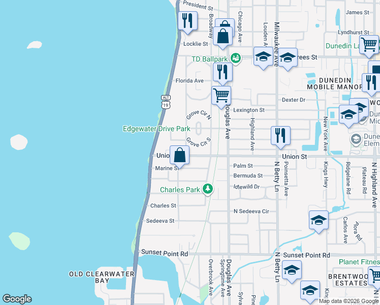 map of restaurants, bars, coffee shops, grocery stores, and more near 208 Union Street in Dunedin