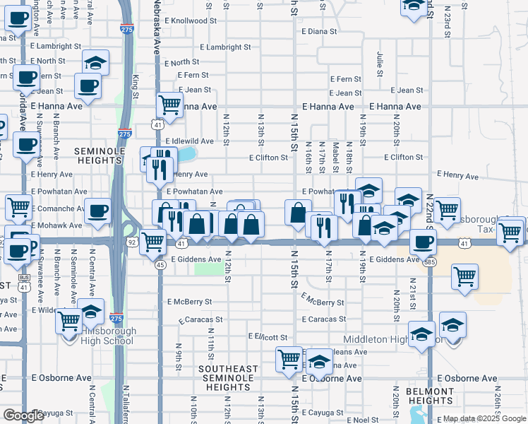 map of restaurants, bars, coffee shops, grocery stores, and more near 1407 East Comanche Avenue in Tampa