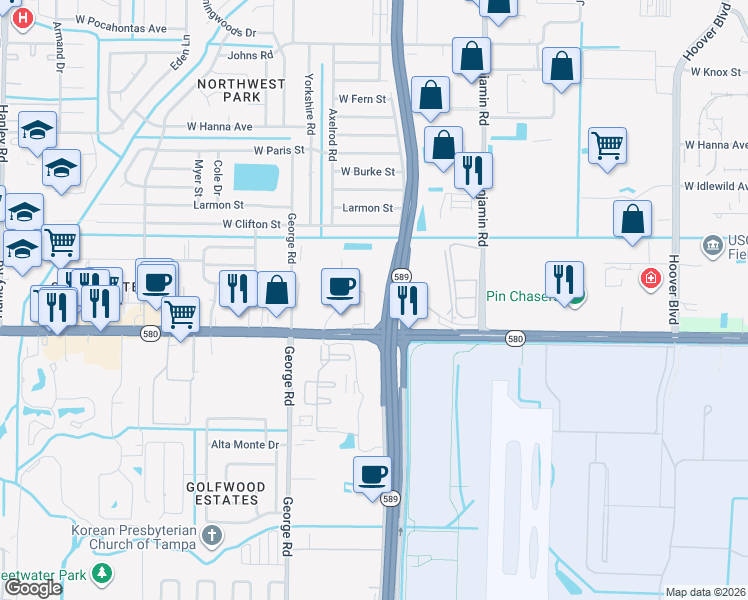 map of restaurants, bars, coffee shops, grocery stores, and more near 5401 Beaumont Center Boulevard in Tampa