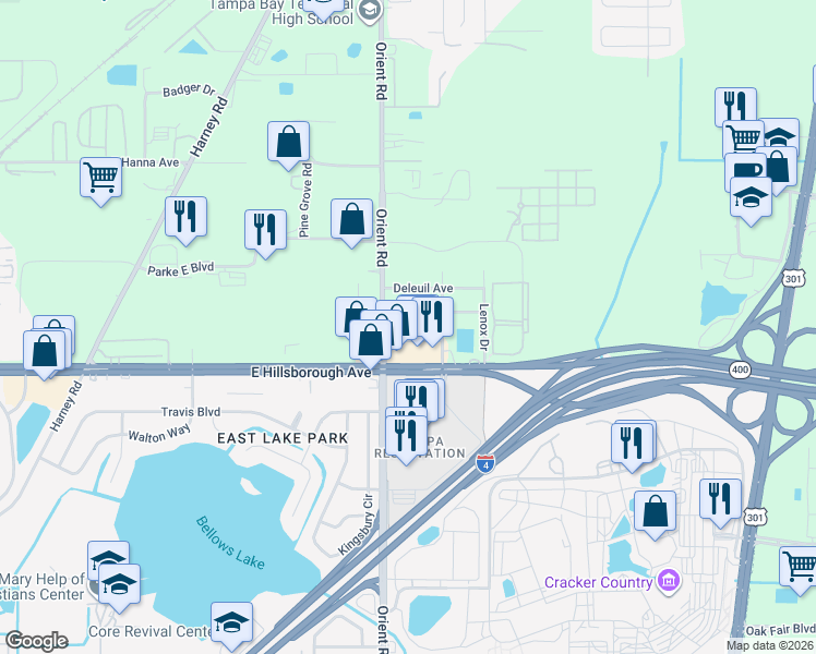 map of restaurants, bars, coffee shops, grocery stores, and more near 7406 East Mohawk Avenue in Tampa