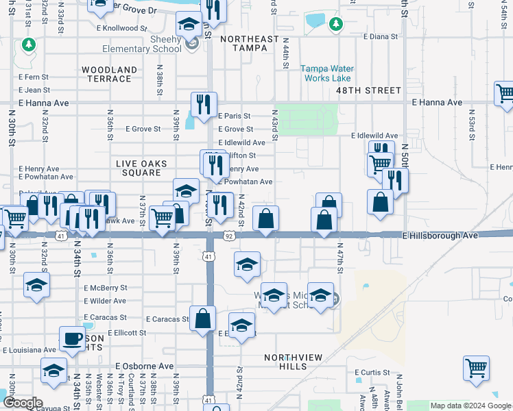 map of restaurants, bars, coffee shops, grocery stores, and more near 4200 Kenneth Court in Tampa