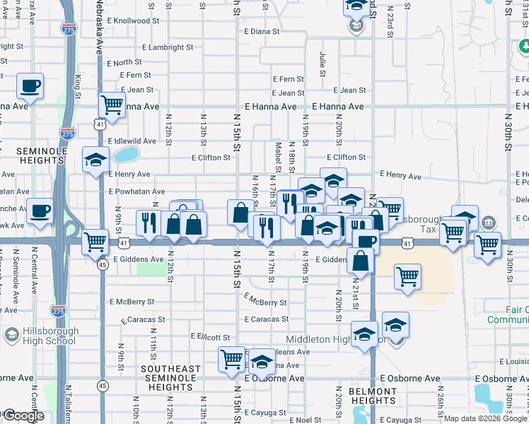map of restaurants, bars, coffee shops, grocery stores, and more near 1609 East Comanche Avenue in Tampa