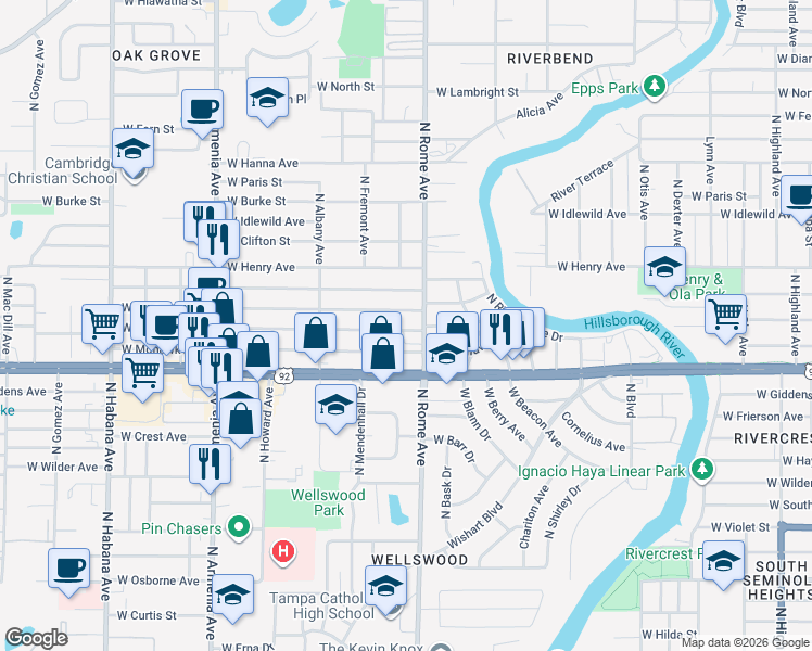 map of restaurants, bars, coffee shops, grocery stores, and more near 1714 West Comanche Avenue in Tampa