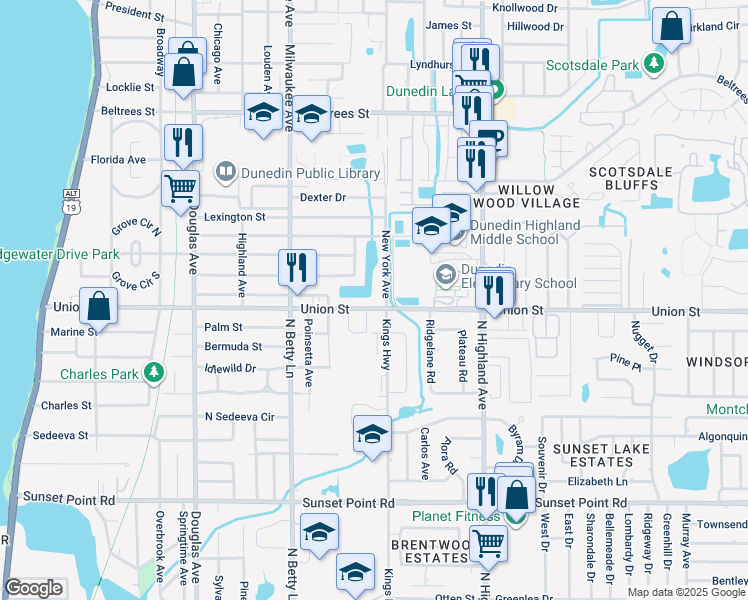 map of restaurants, bars, coffee shops, grocery stores, and more near 684 Union Street in Dunedin