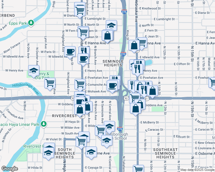 map of restaurants, bars, coffee shops, grocery stores, and more near 5505 North Central Avenue in Tampa