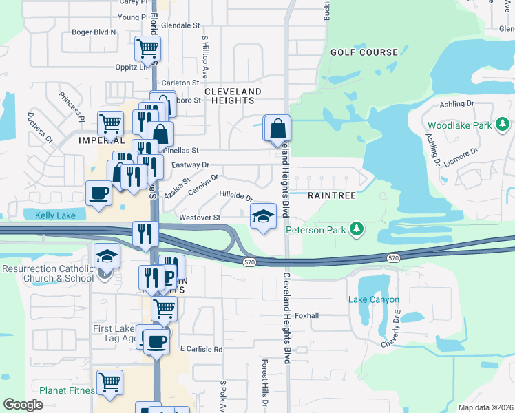 map of restaurants, bars, coffee shops, grocery stores, and more near 603 Hillside Drive in Lakeland