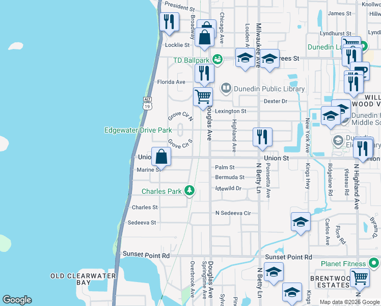 map of restaurants, bars, coffee shops, grocery stores, and more near 10 Broadway in Dunedin