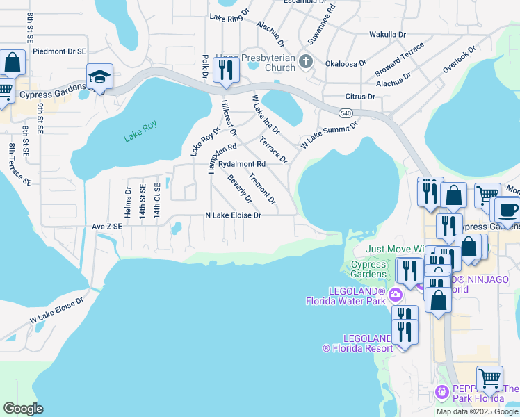map of restaurants, bars, coffee shops, grocery stores, and more near 164 Beverly Drive in Cypress Gardens