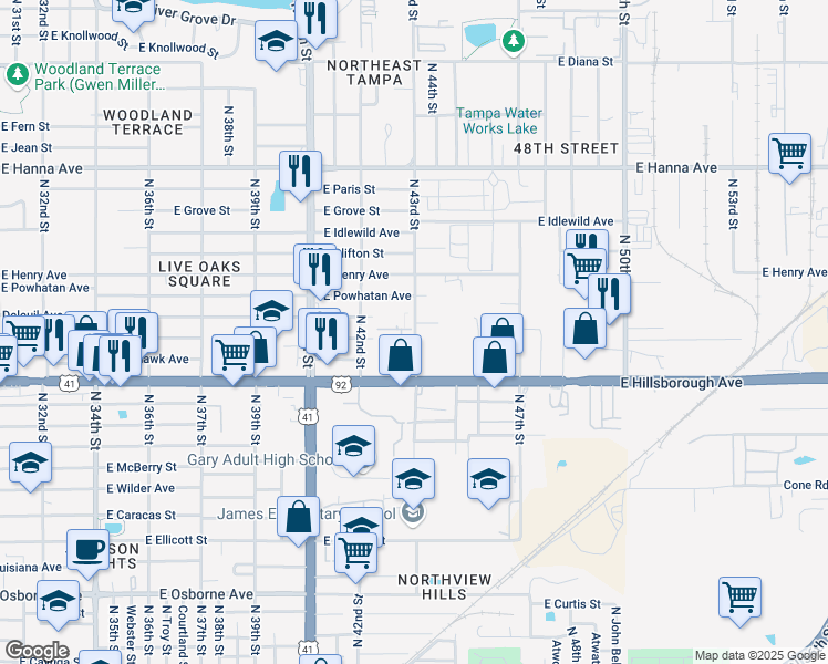 map of restaurants, bars, coffee shops, grocery stores, and more near 5502 North 43rd Street in Tampa