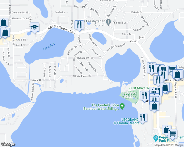 map of restaurants, bars, coffee shops, grocery stores, and more near 164 Beverly Drive Southeast in Winter Haven