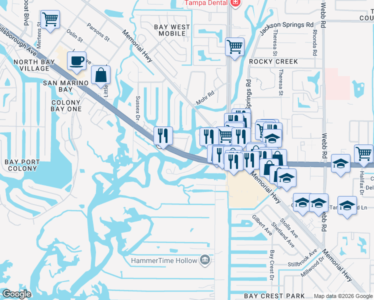 map of restaurants, bars, coffee shops, grocery stores, and more near 9001 Tudor Drive in Tampa